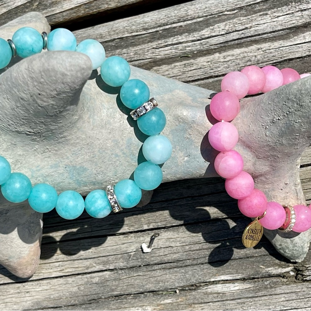 KINSLEY ARMELLE SET OF 2 GORGEOUS NATURAL STONE BEADS PINK AND SILVER MINT